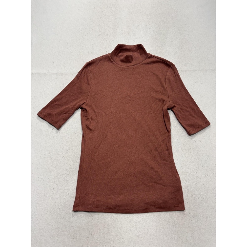 A New Day Shirt Womens Small Brown Mock Neck Short Sleeve Ribbed Knit Tee Casual